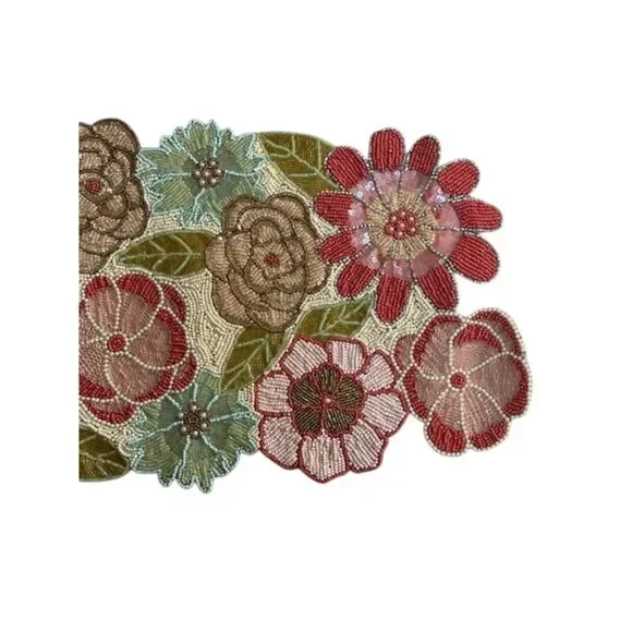 Nicole Miller Beaded Table Runner Pink Aqua Coral Floral 13" by 36" - Picture 3 of 6